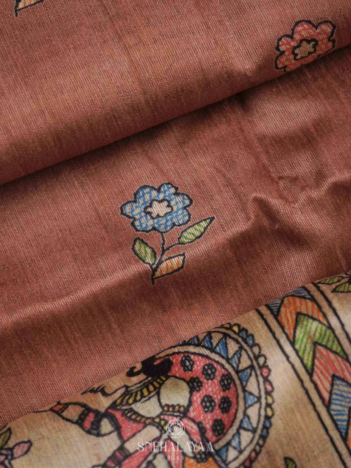 Brown Printed Madhubani Saree