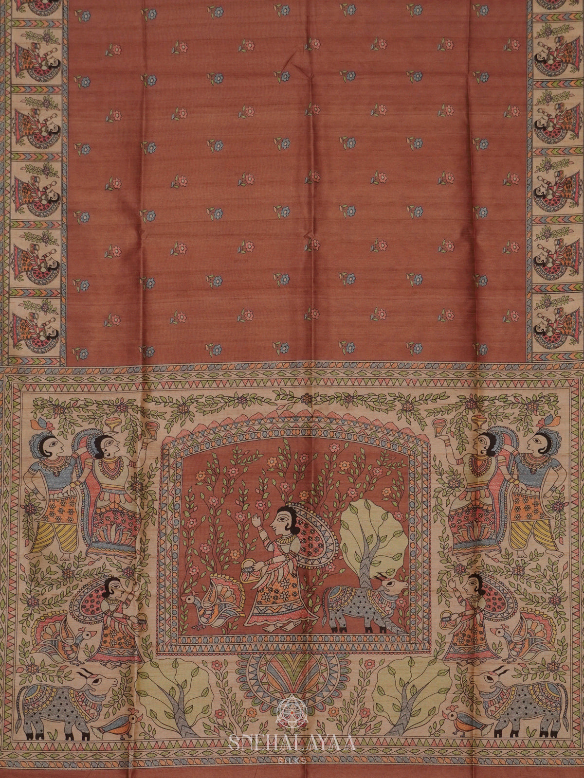 Brown Printed Madhubani Saree