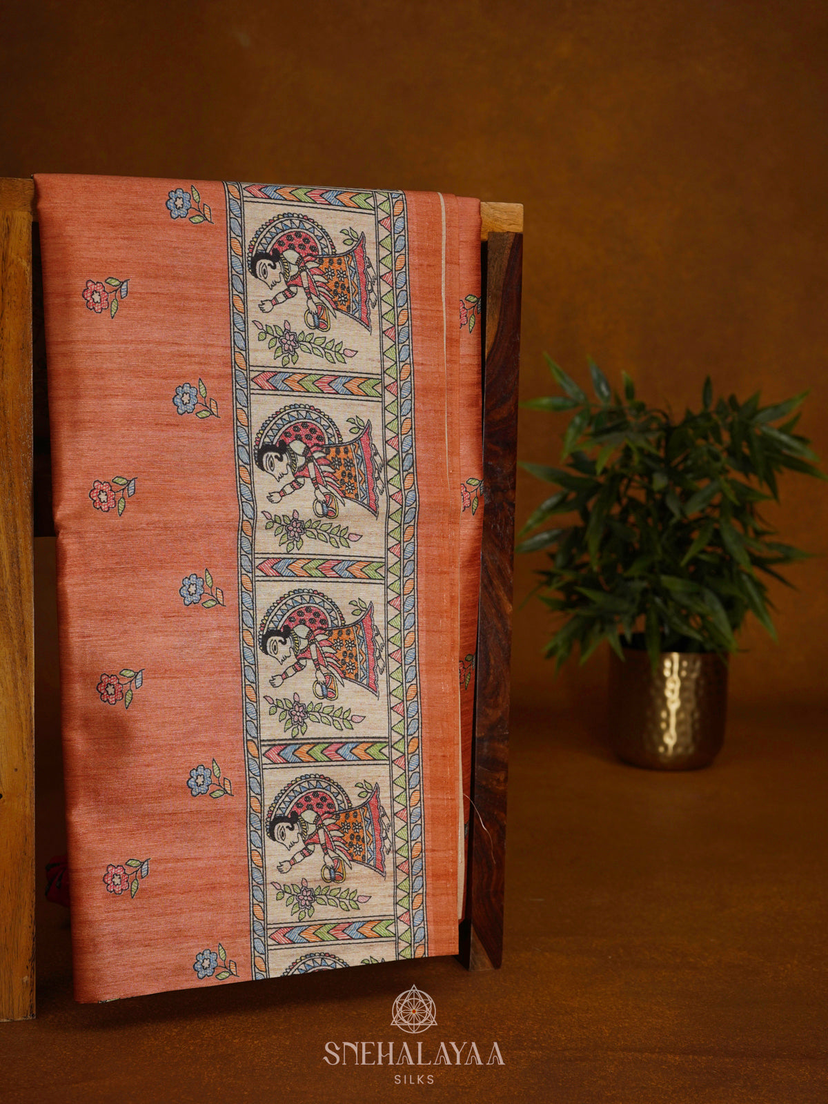 Peach Printed Madhubani Saree