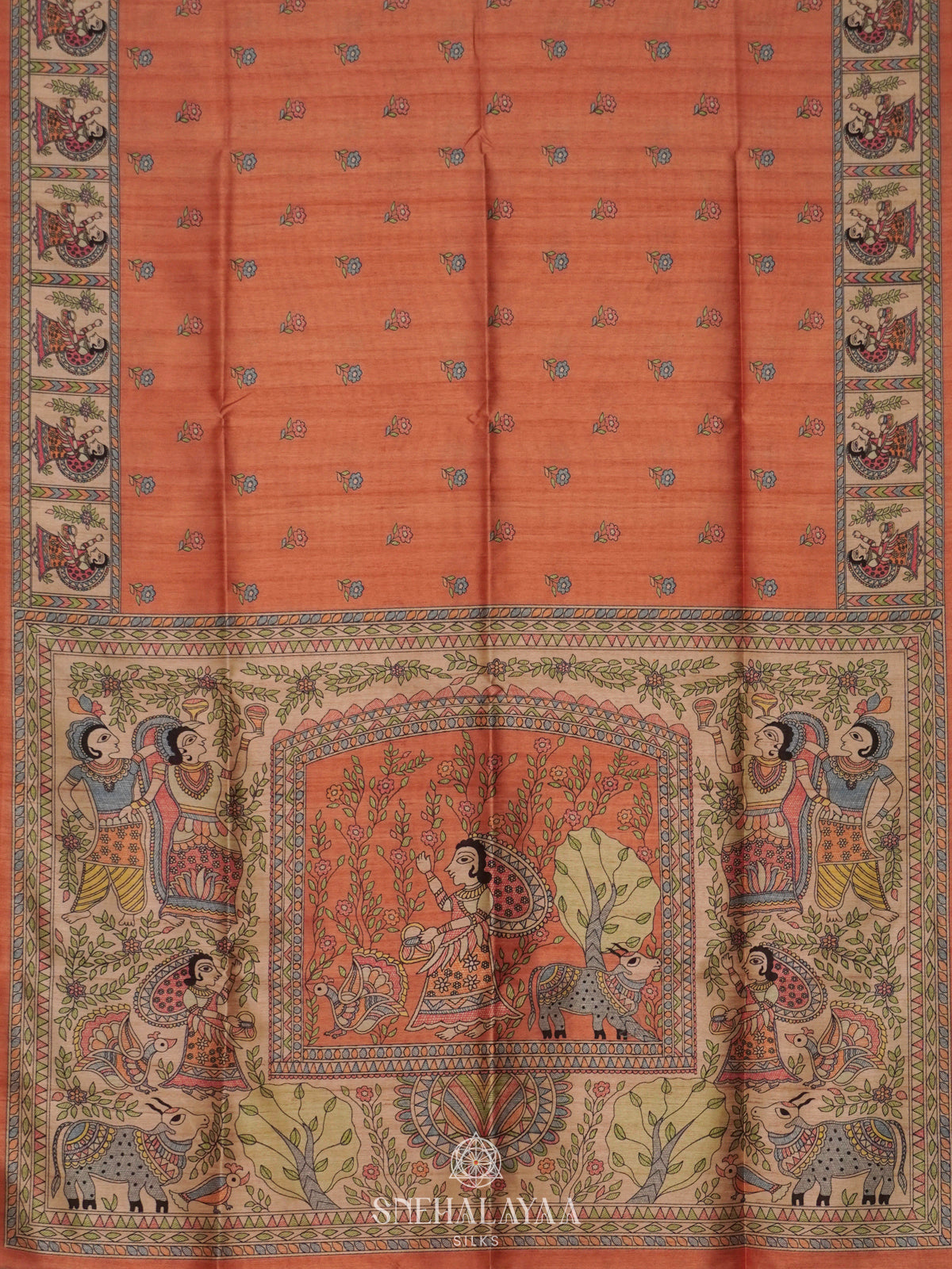 Peach Printed Madhubani Saree