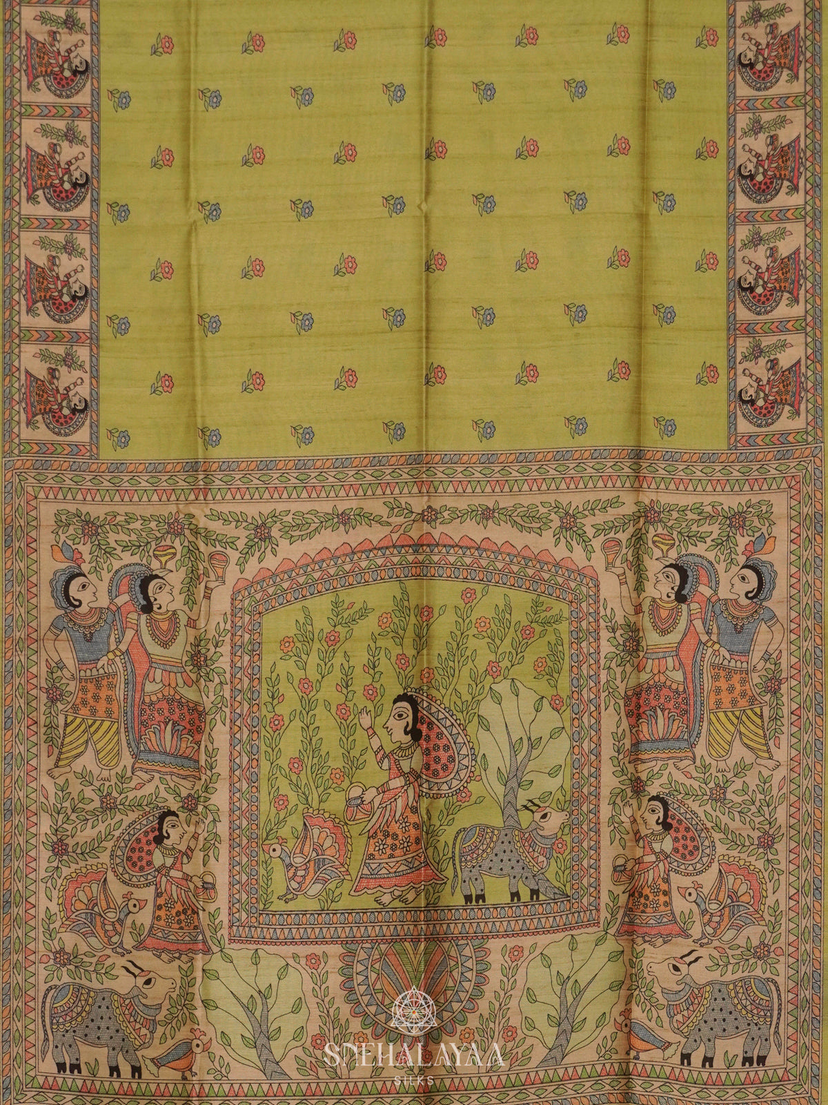 Green Printed Madhubani Saree