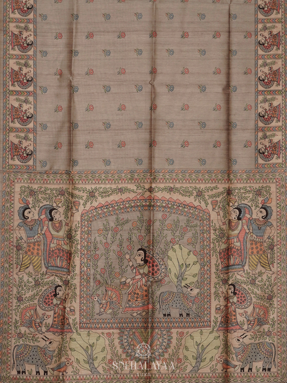 Grey Printed Madhubani Saree