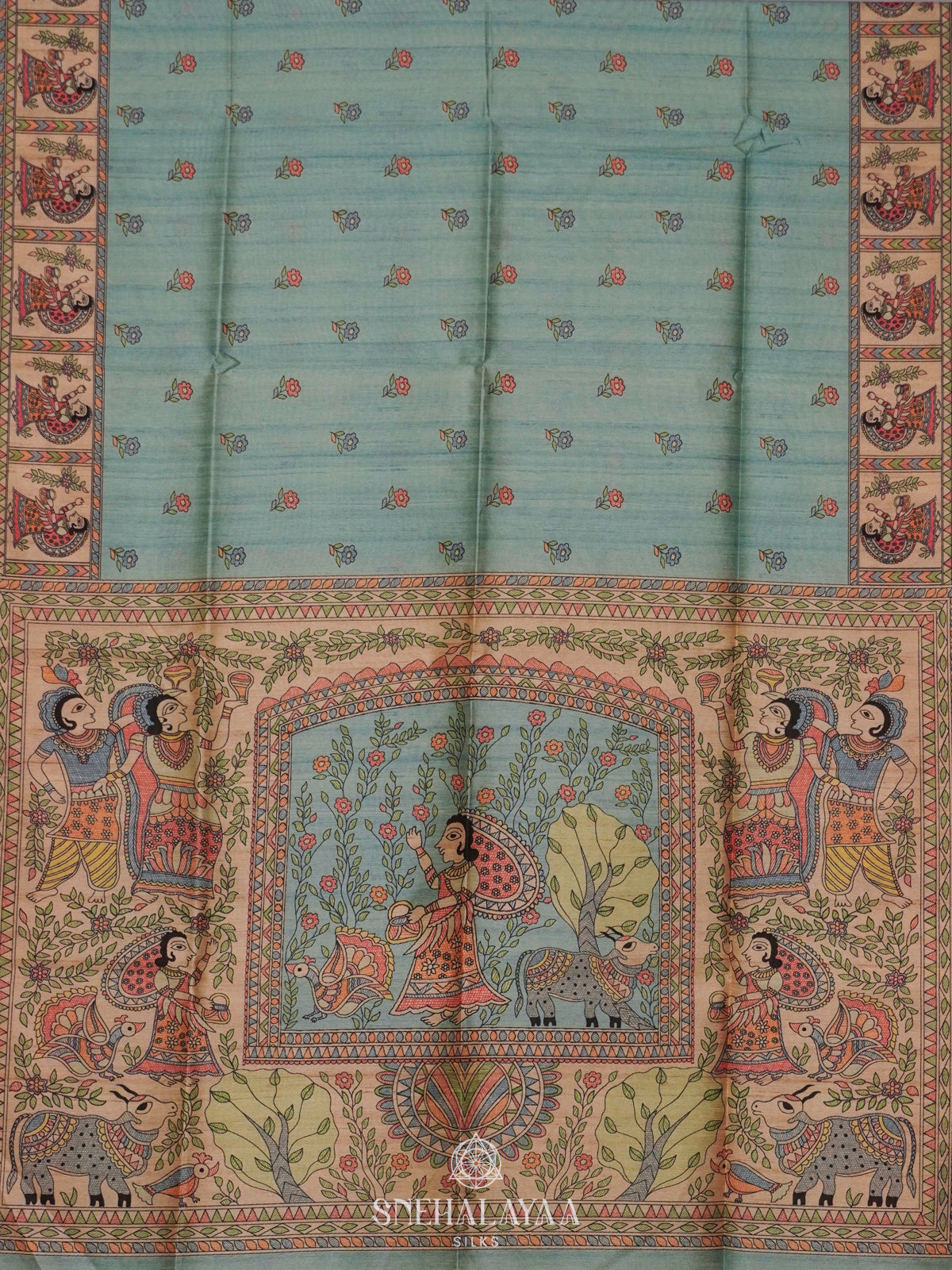 Pale Blue Printed Madhubani Saree