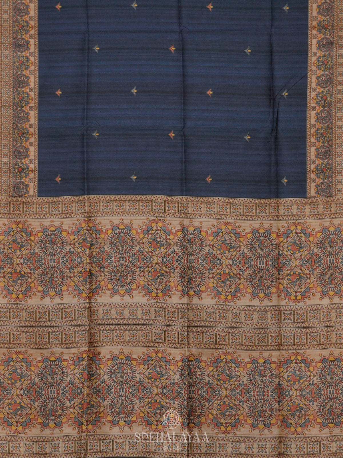 Navy Blue Printed Madhubani Saree