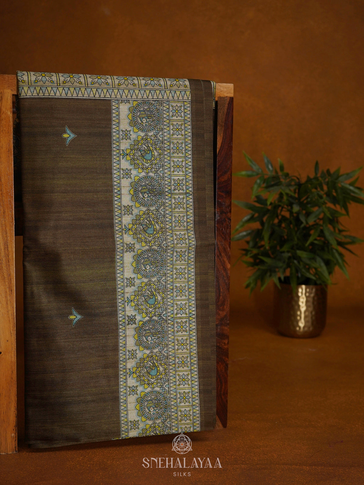 Olive Green Printed Madhubani Saree