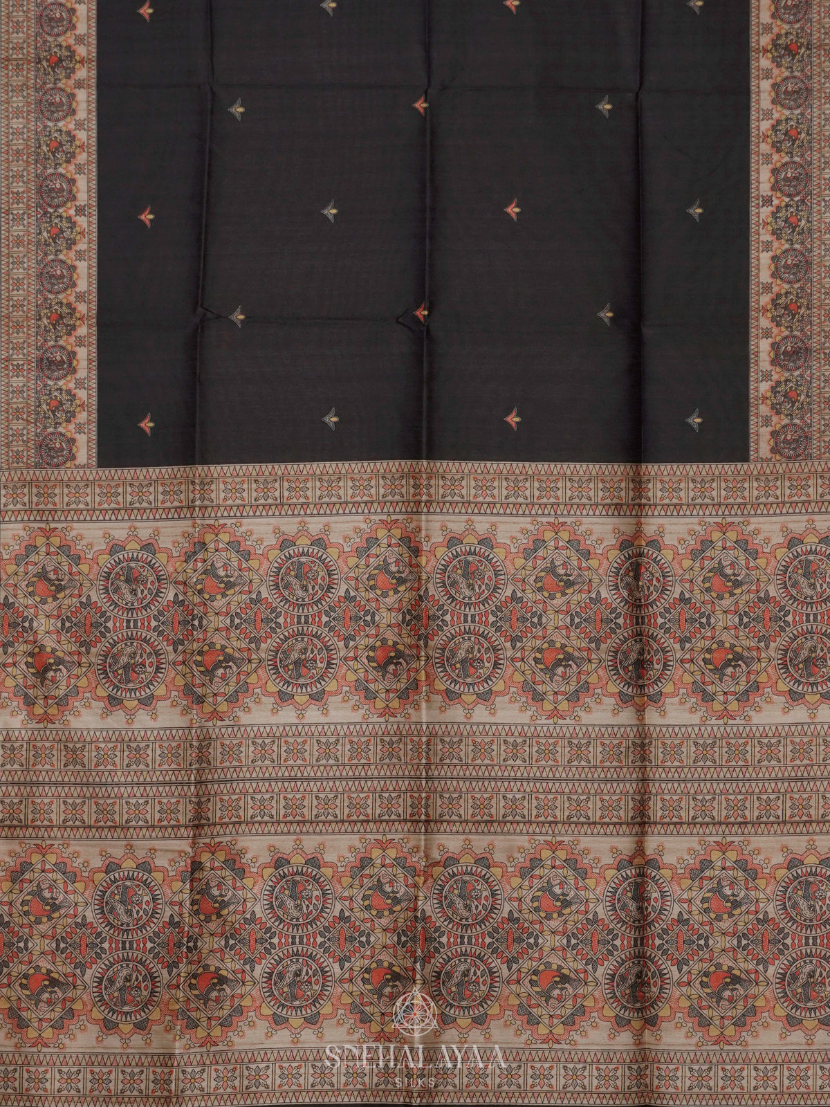 Black Printed Madhubani Saree