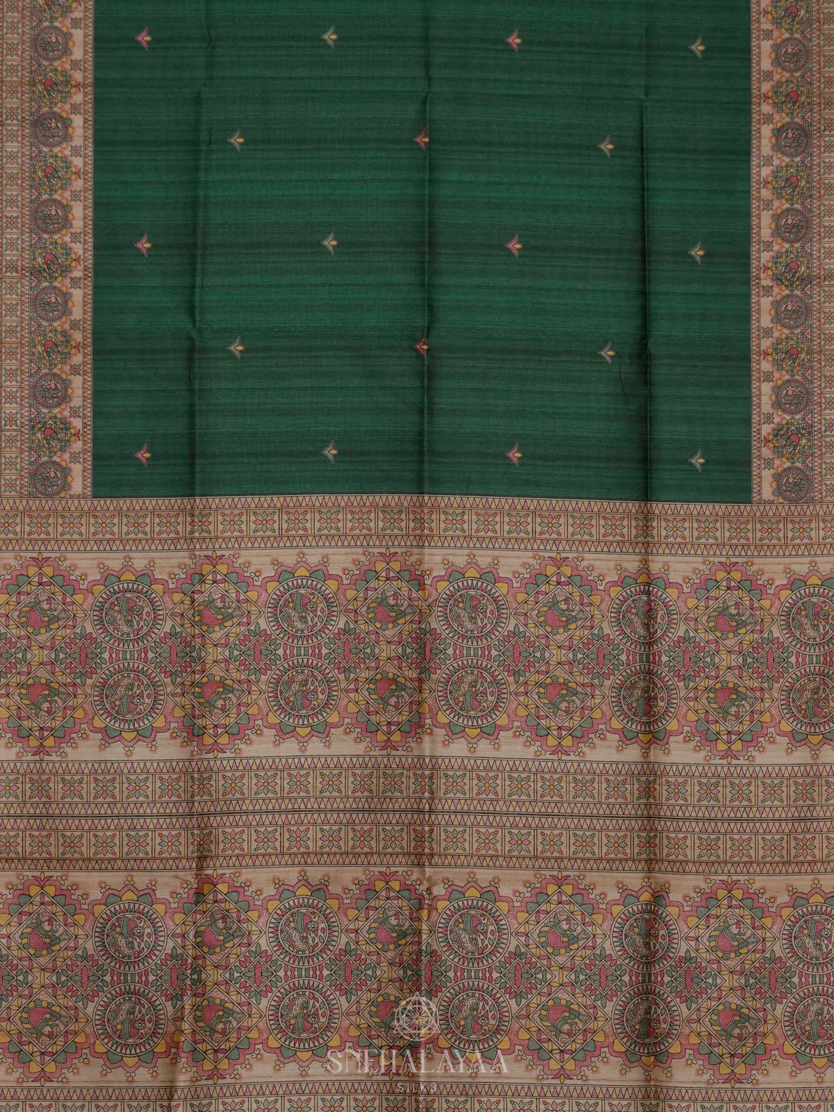 Forest Green Printed Madhubani Saree