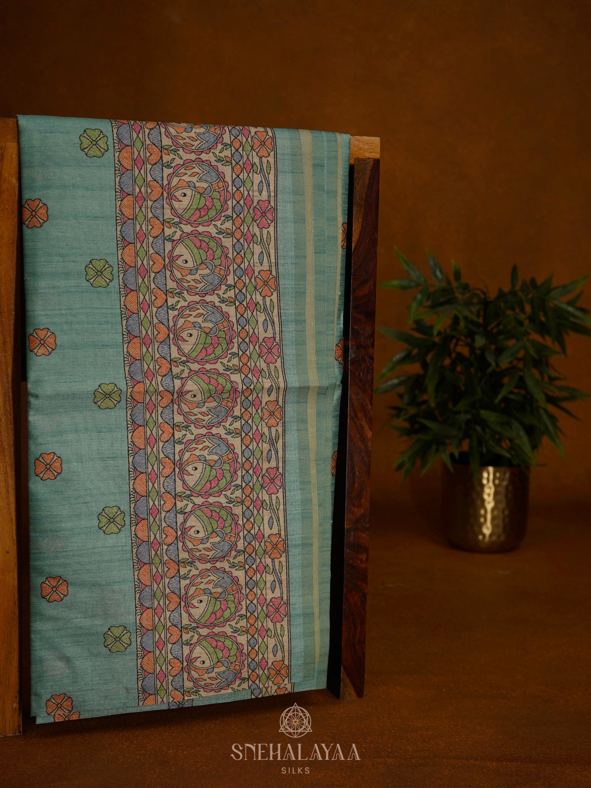 Teal Blue Printed Madhubani Saree