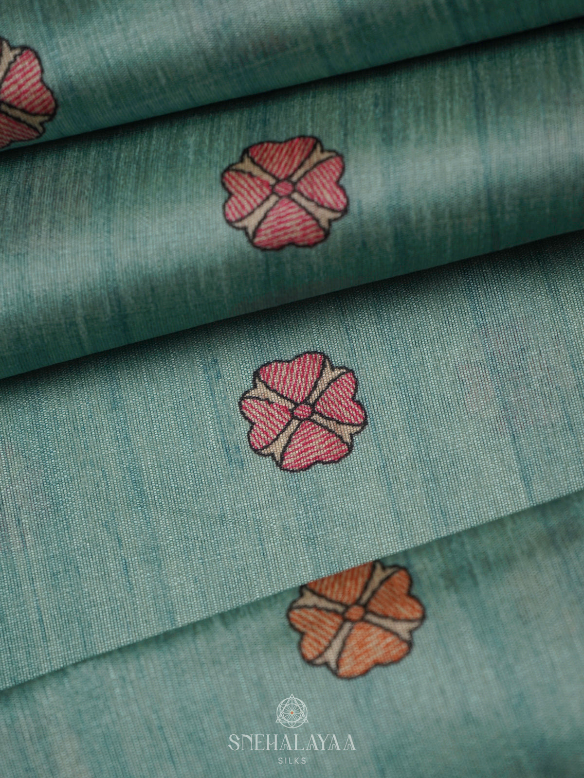 Teal Blue Printed Madhubani Saree