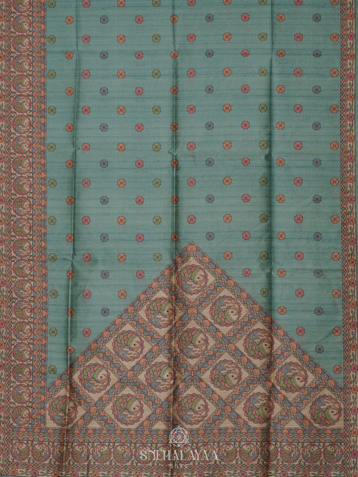 Teal Blue Printed Madhubani Saree