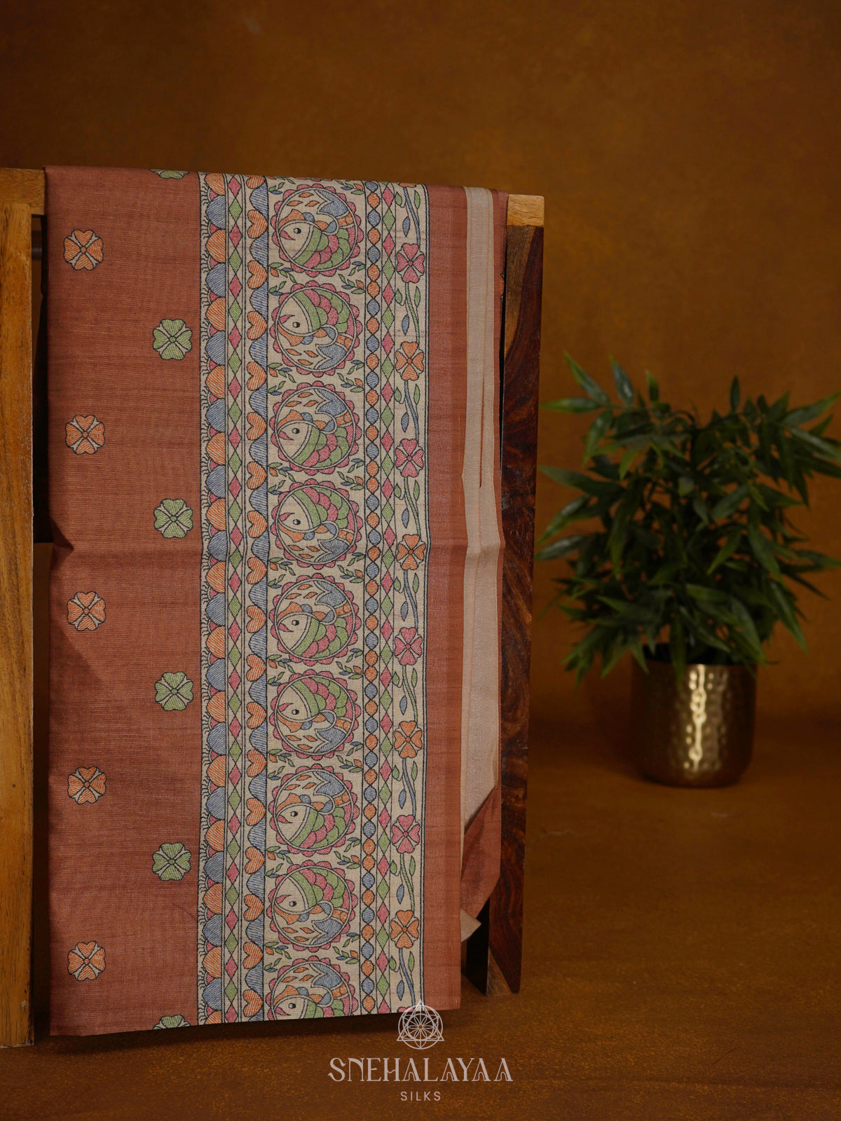 Brown Printed Madhubani Saree