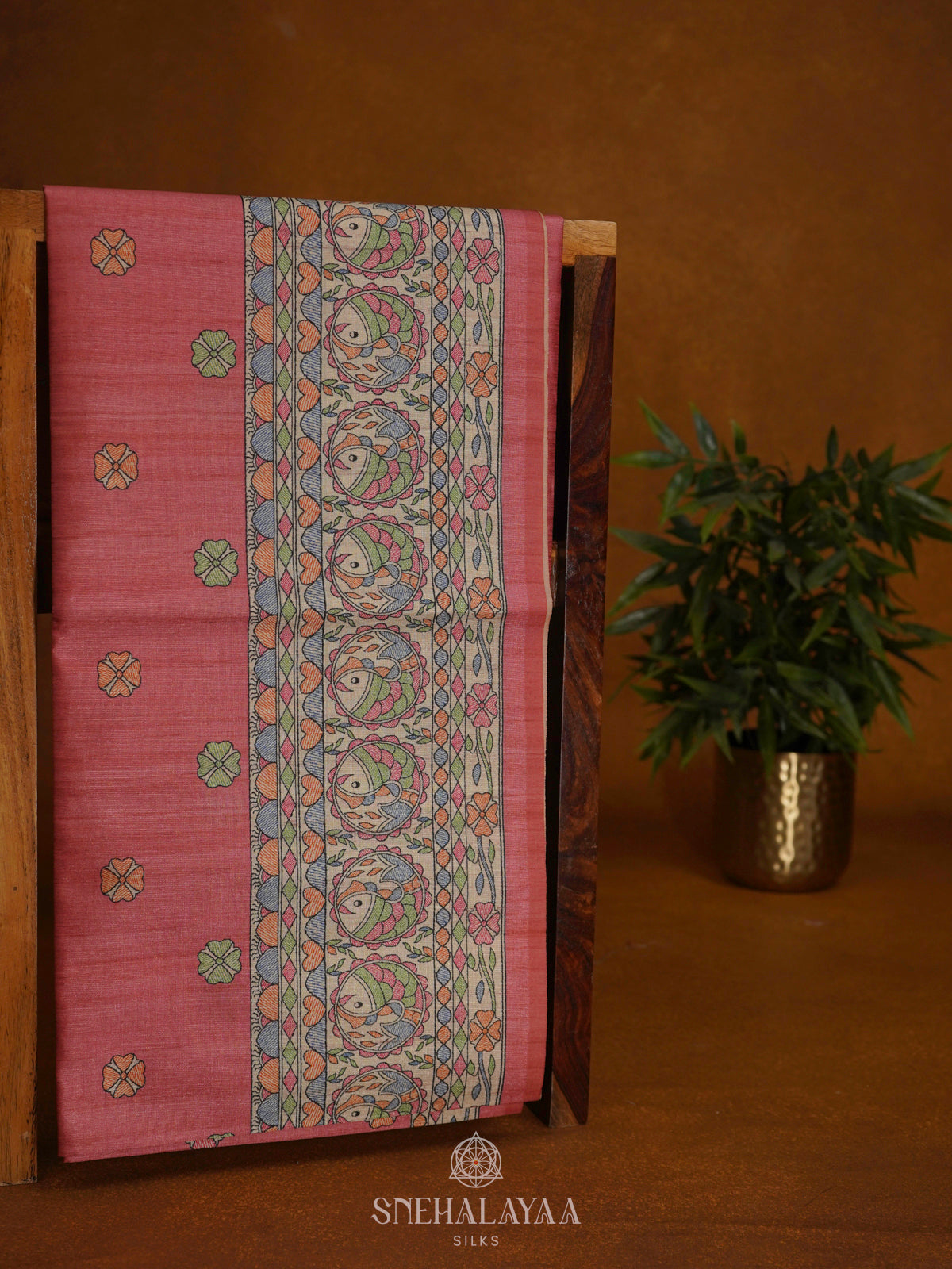 Peach Printed Madhubani Saree