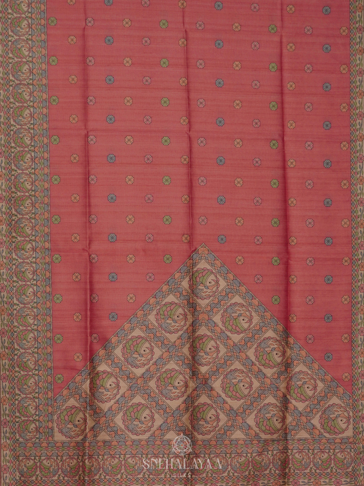 Peach Printed Madhubani Saree