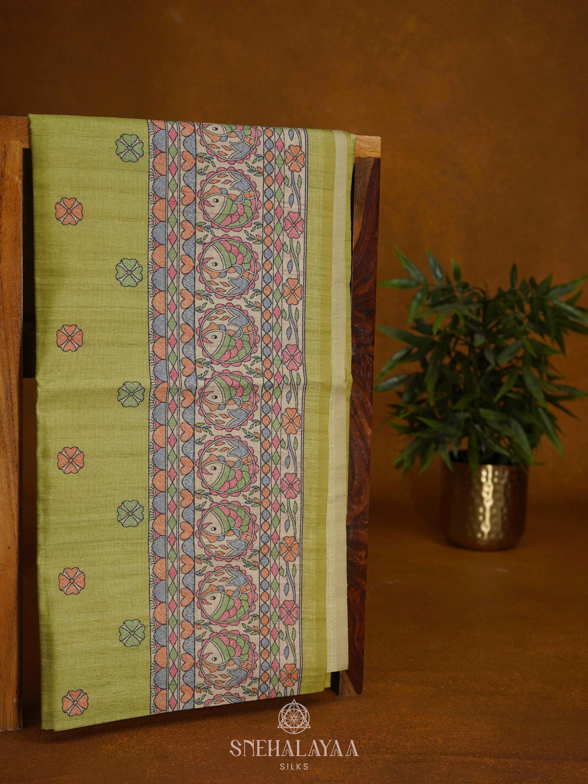 Lime Green Printed Madhubani Saree