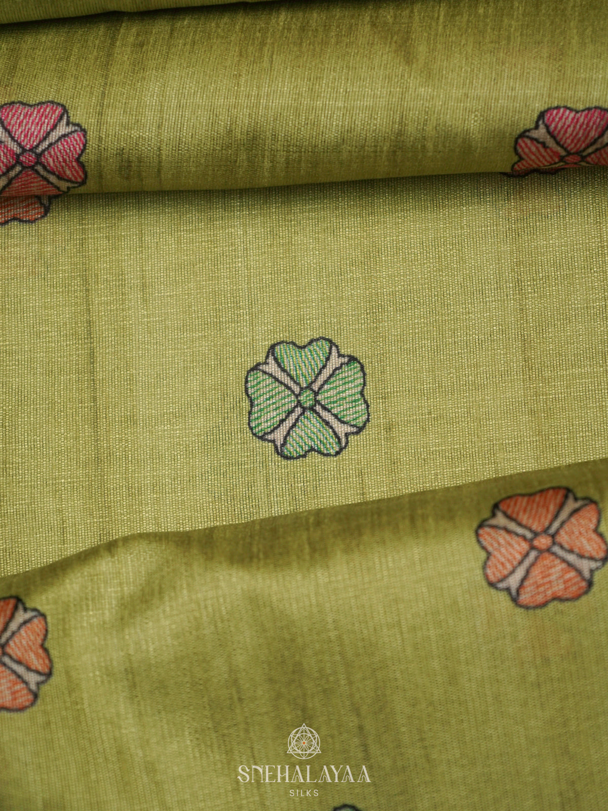 Lime Green Printed Madhubani Saree