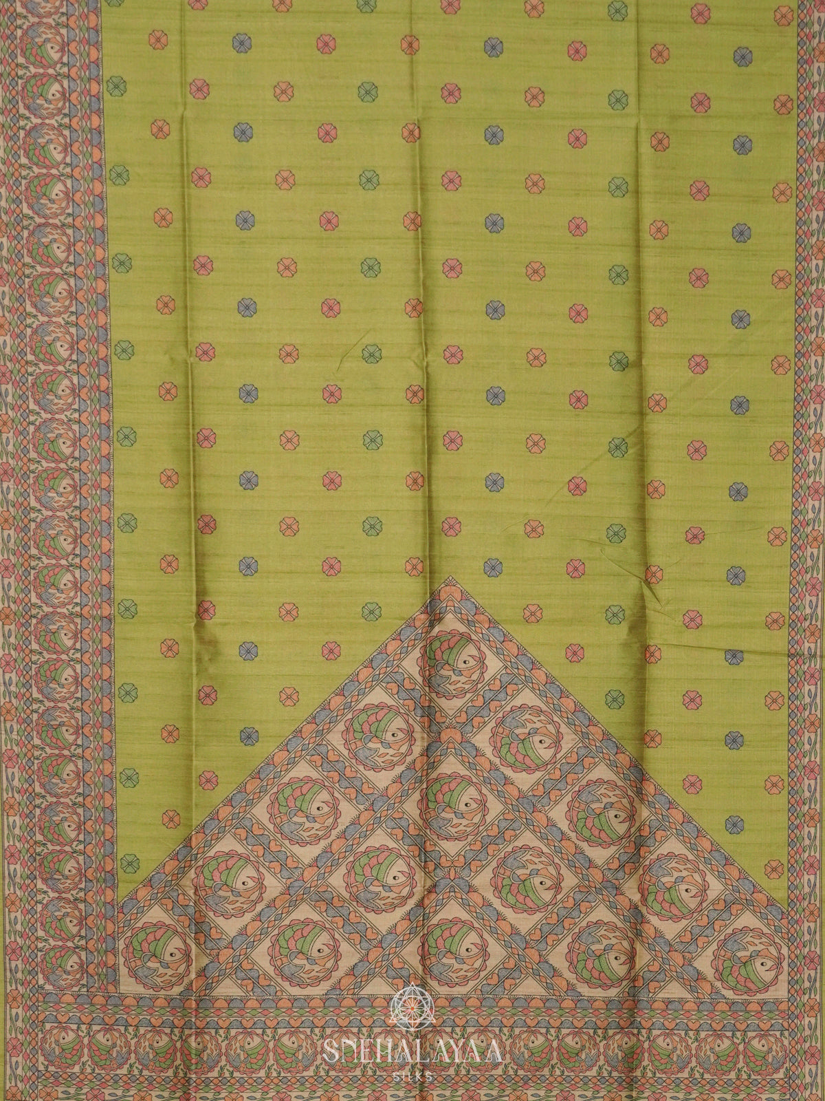 Lime Green Printed Madhubani Saree