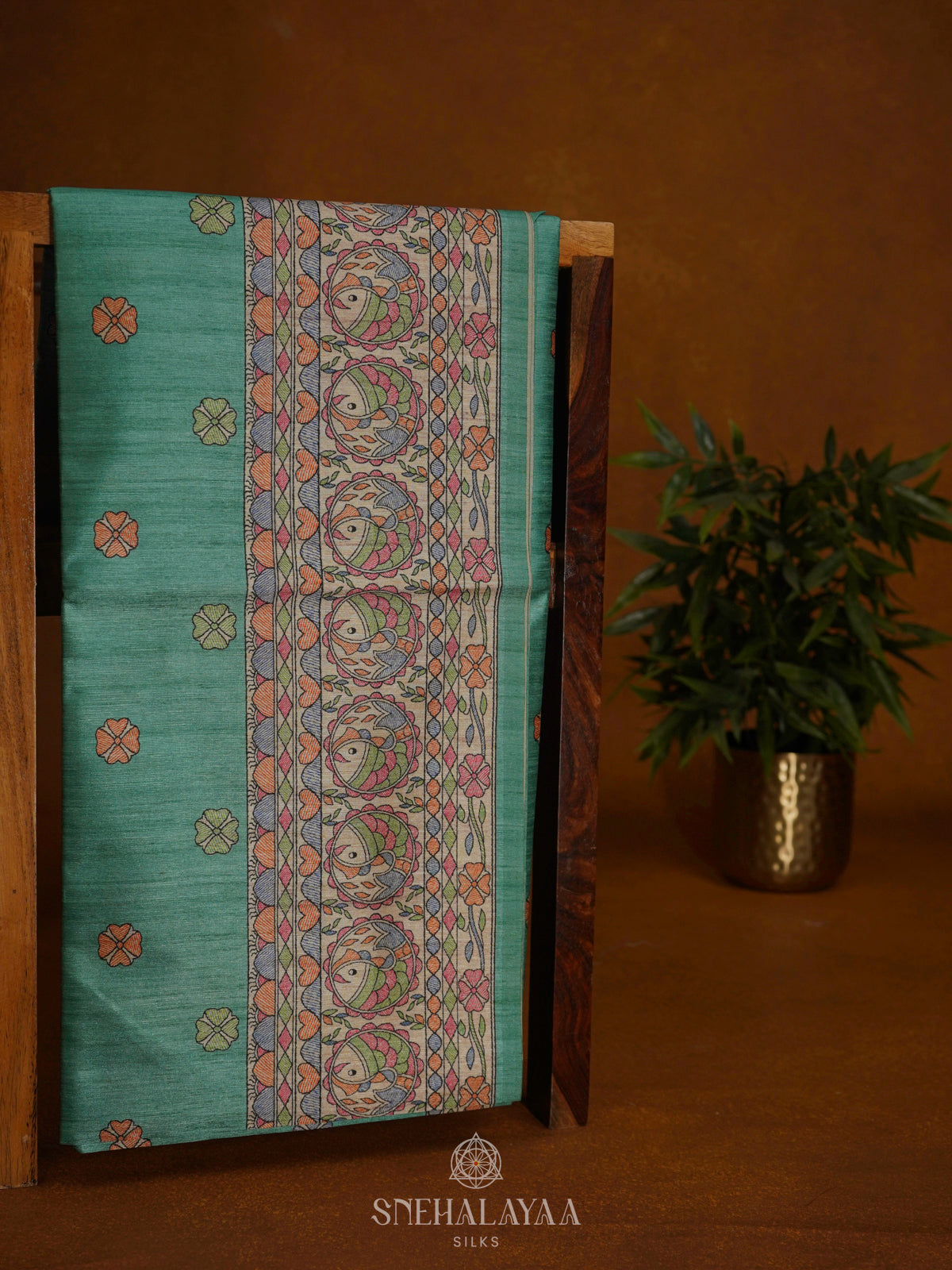 Teal Green Printed Madhubani Saree