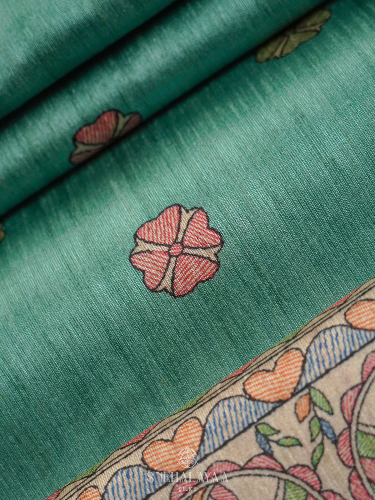 Teal Green Printed Madhubani Saree