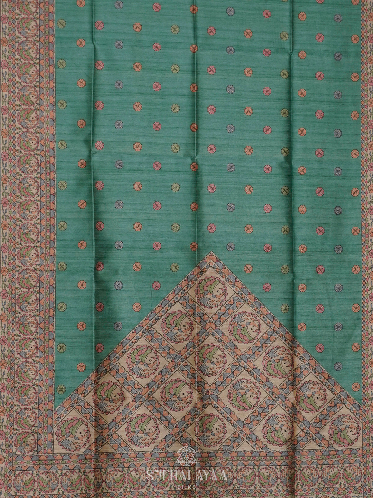Teal Green Printed Madhubani Saree