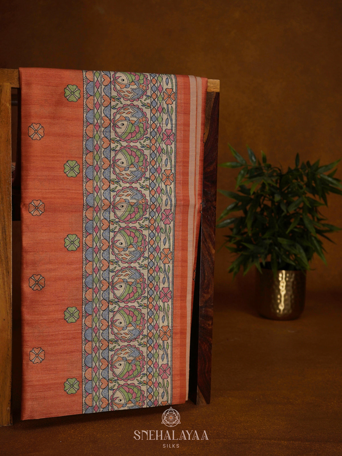 Orange Printed Madhubani Saree