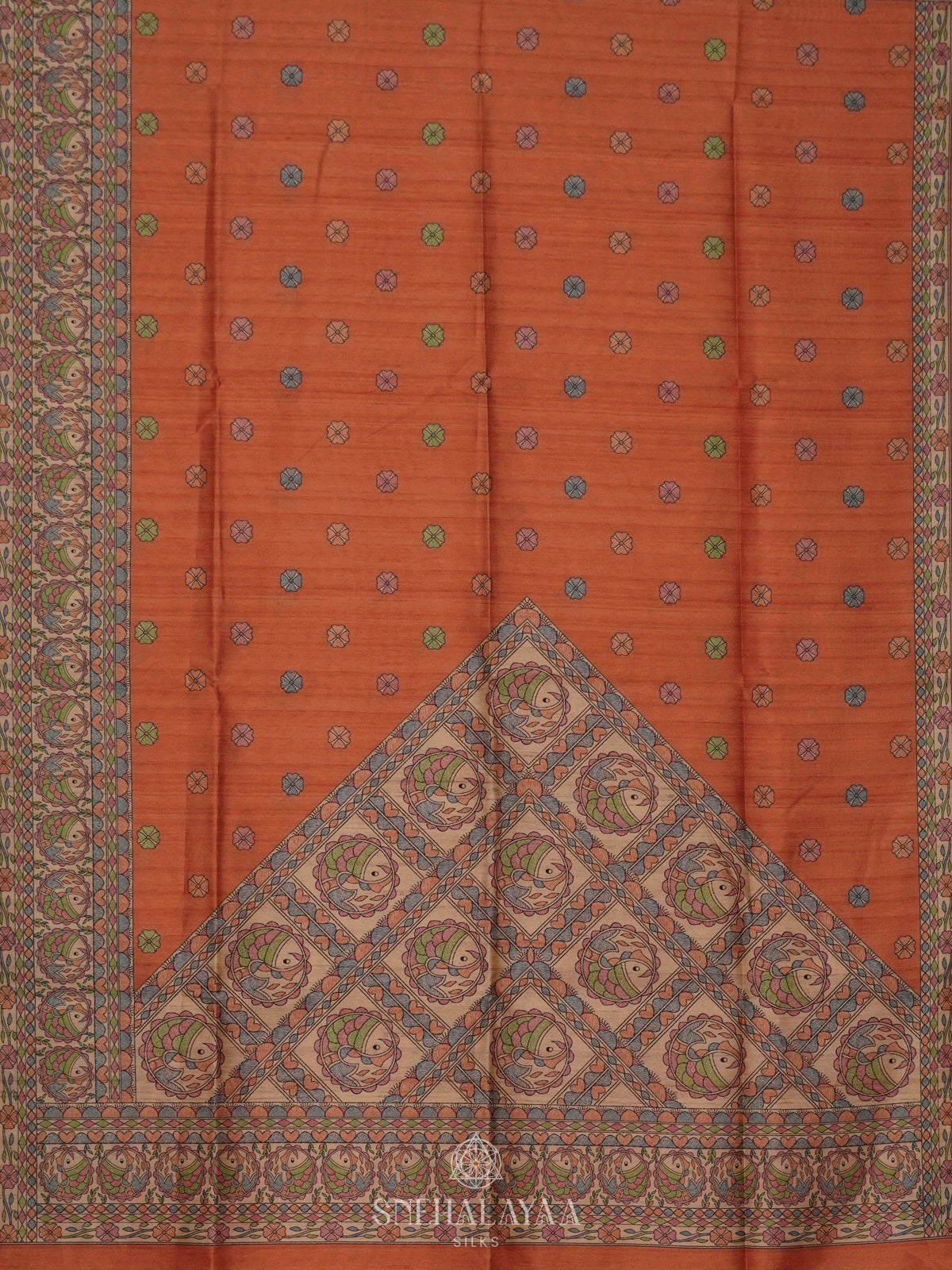 Orange Printed Madhubani Saree
