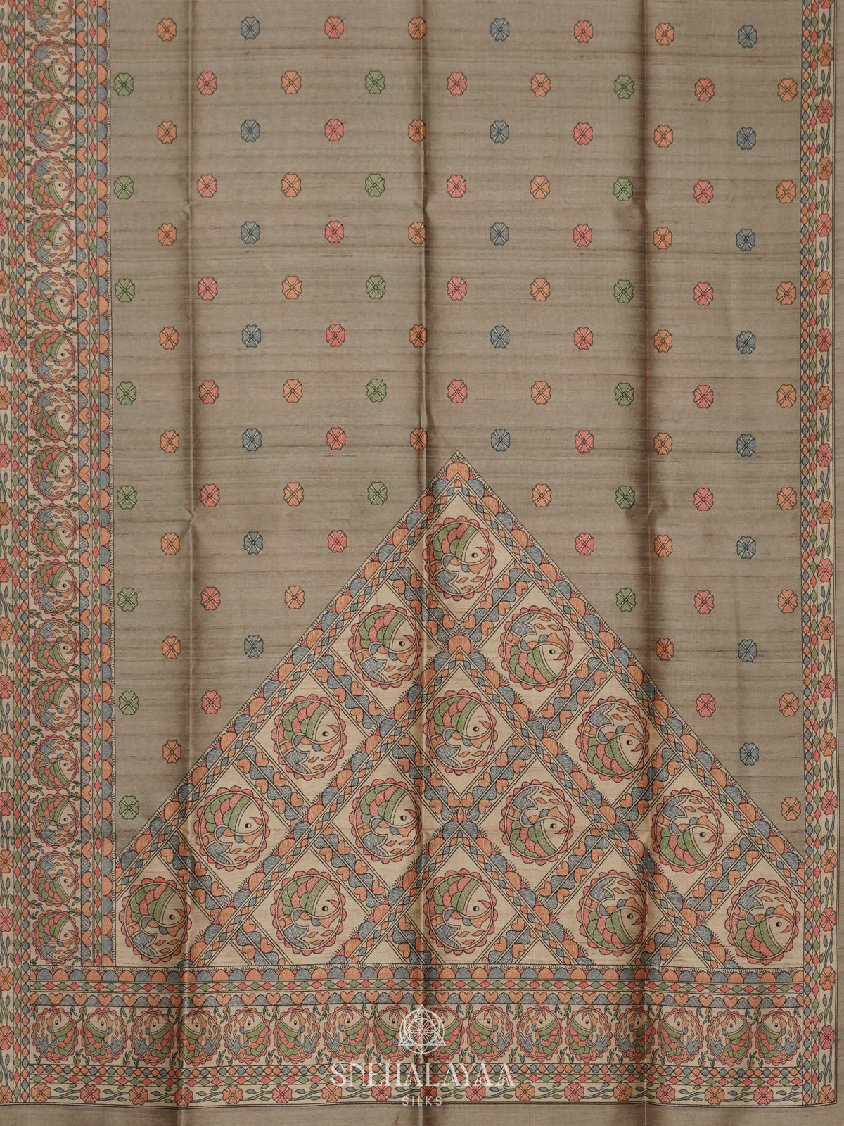 Beige Printed Madhubani Saree