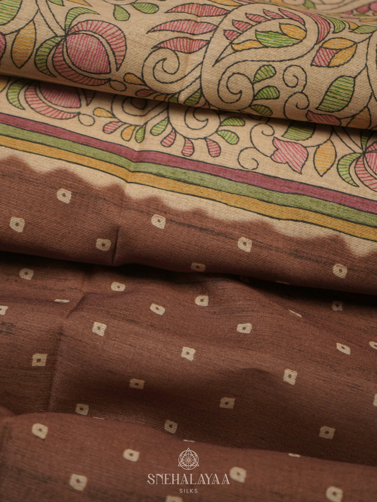 Brown Printed Madhubani Saree