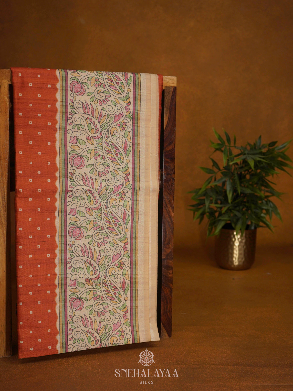 Rust Orange Printed Madhubani Saree