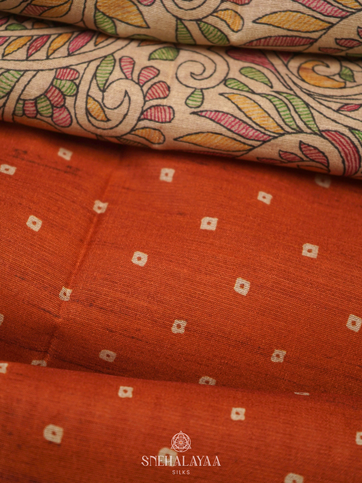 Rust Orange Printed Madhubani Saree