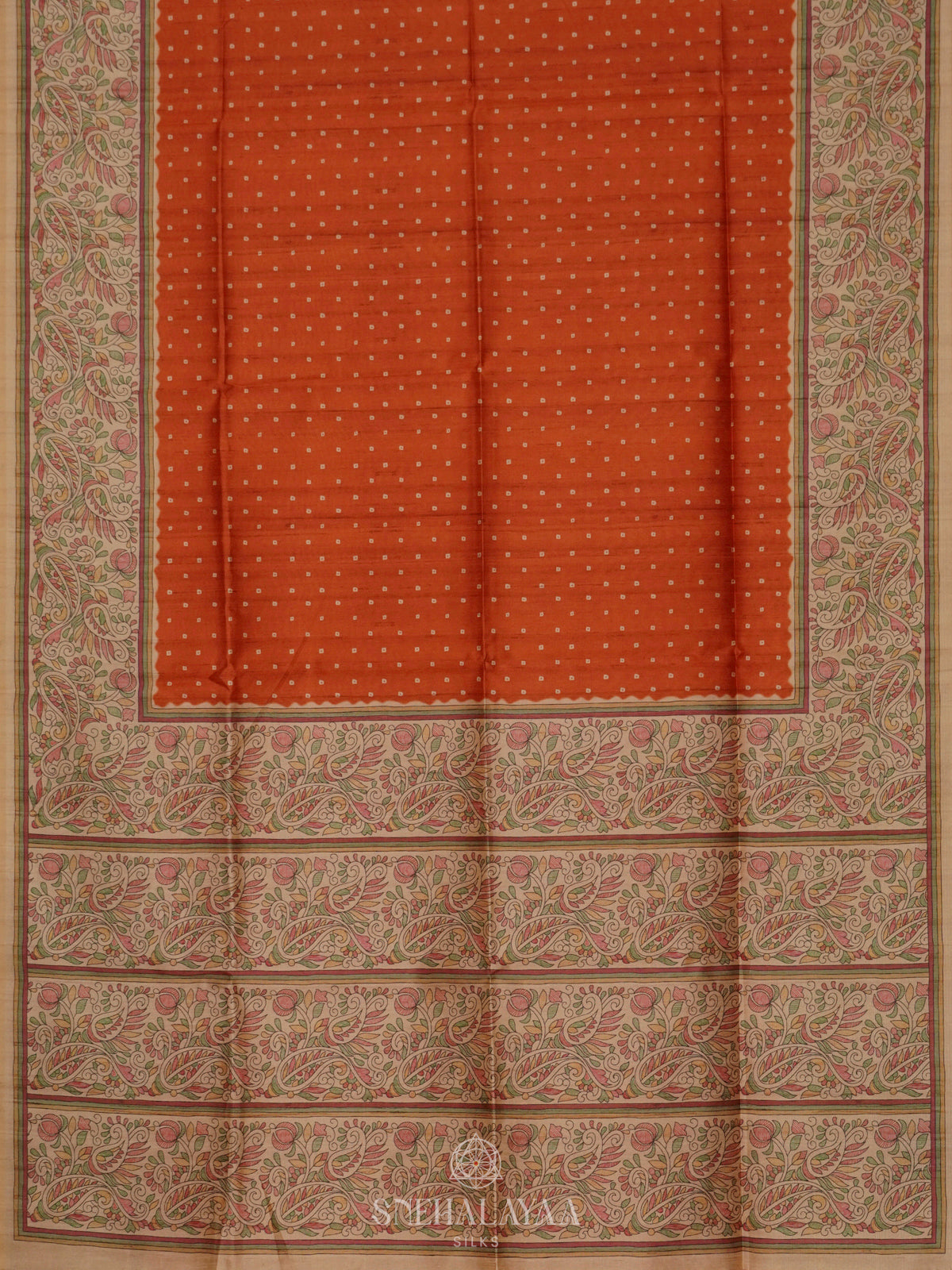 Rust Orange Printed Madhubani Saree