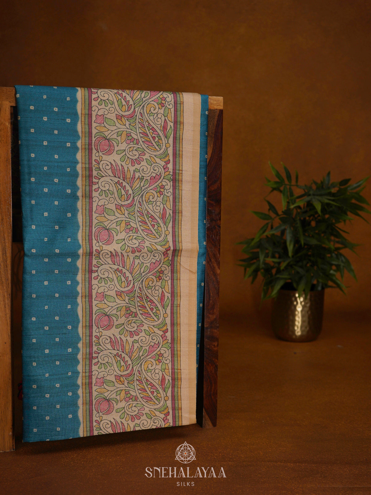 Peacock Blue Printed Madhubani Saree