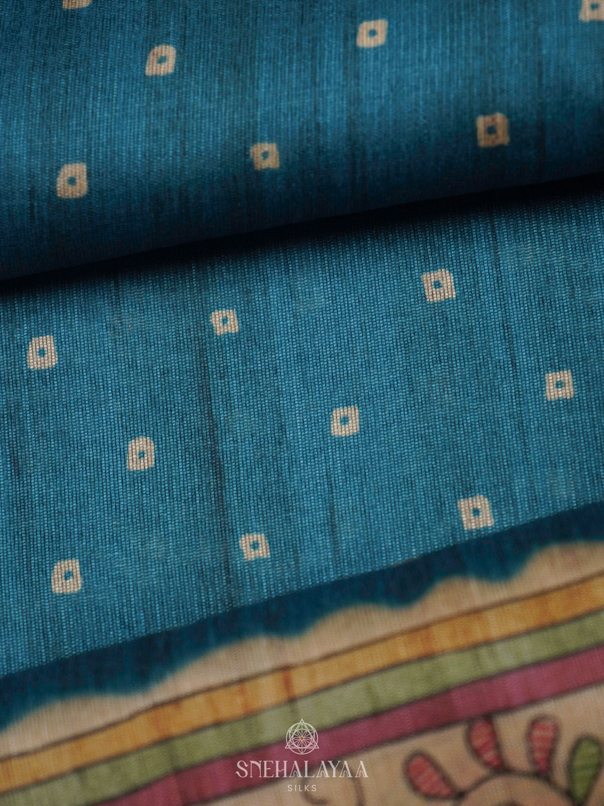 Peacock Blue Printed Madhubani Saree