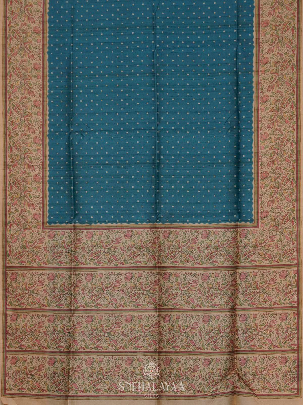 Peacock Blue Printed Madhubani Saree