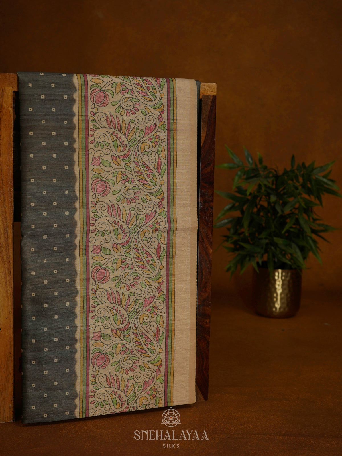 Brown Printed Madhubani Saree