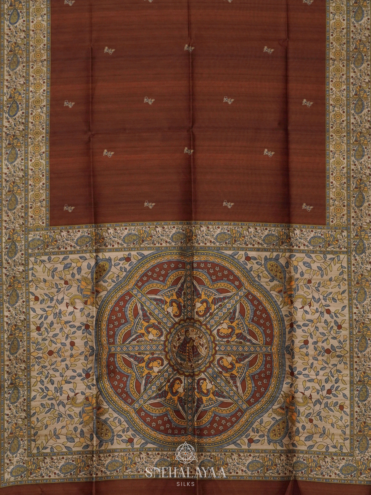 Coffee Brown Printed Madhubani Saree
