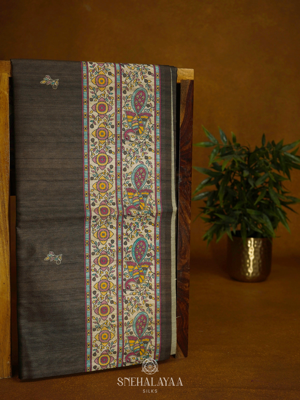 Brown Printed Madhubani Saree