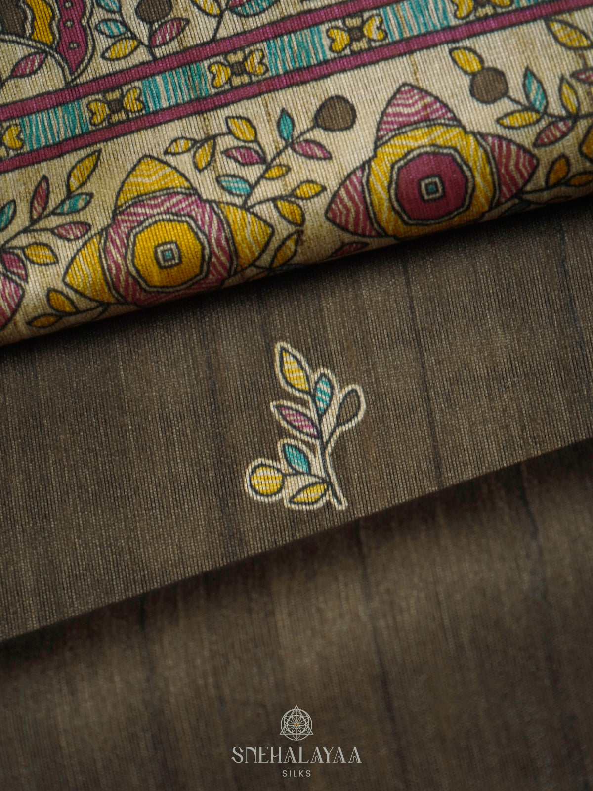 Brown Printed Madhubani Saree