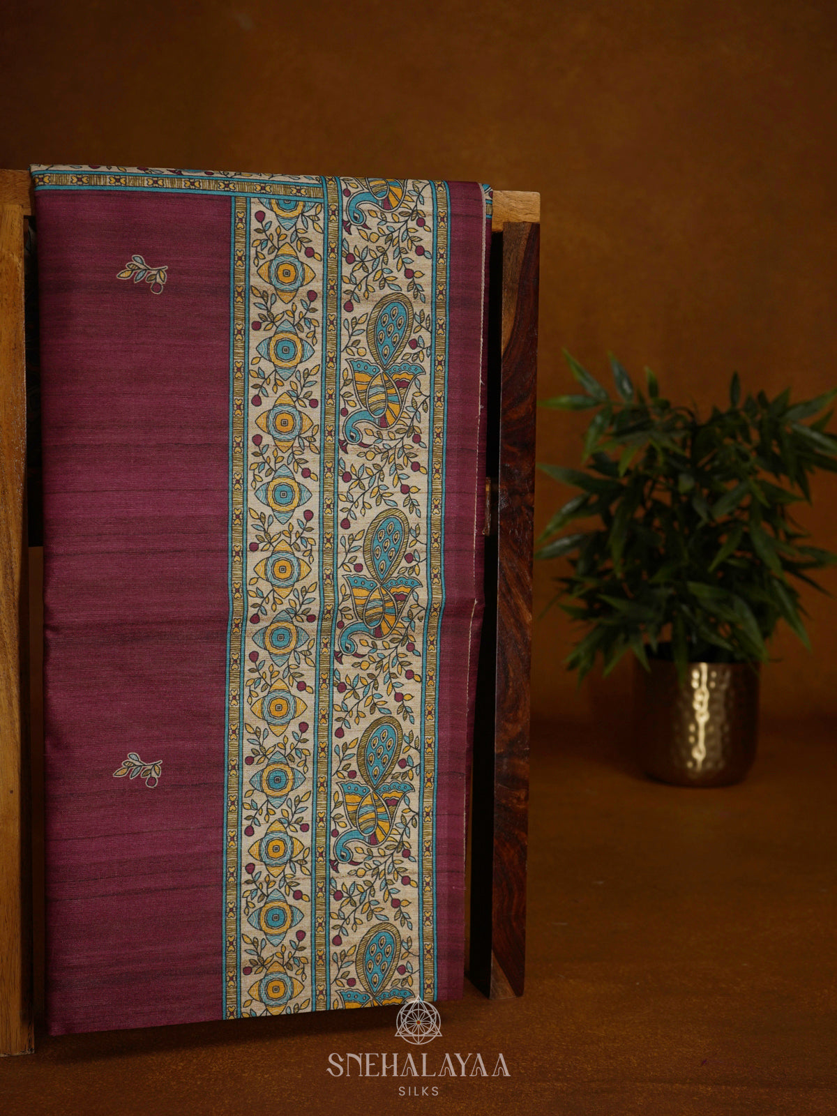 Wine Red Printed Madhubani Saree