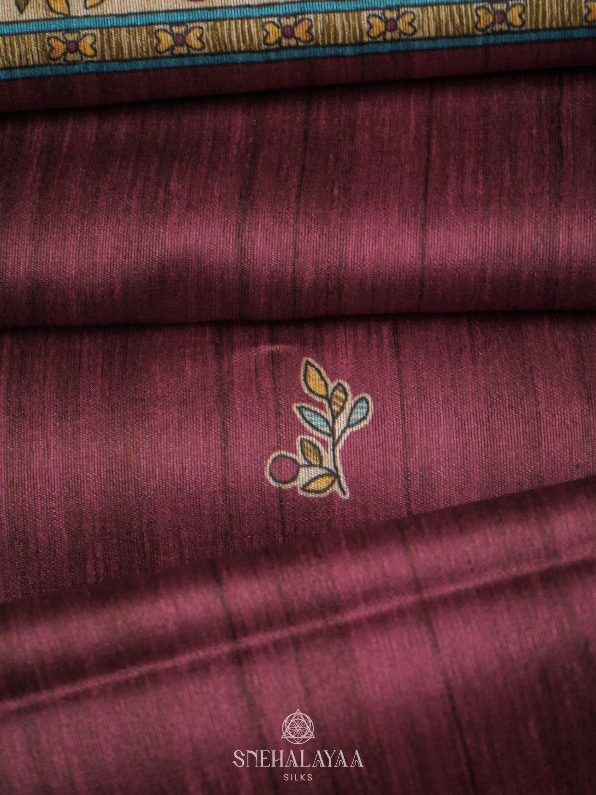 Wine Red Printed Madhubani Saree