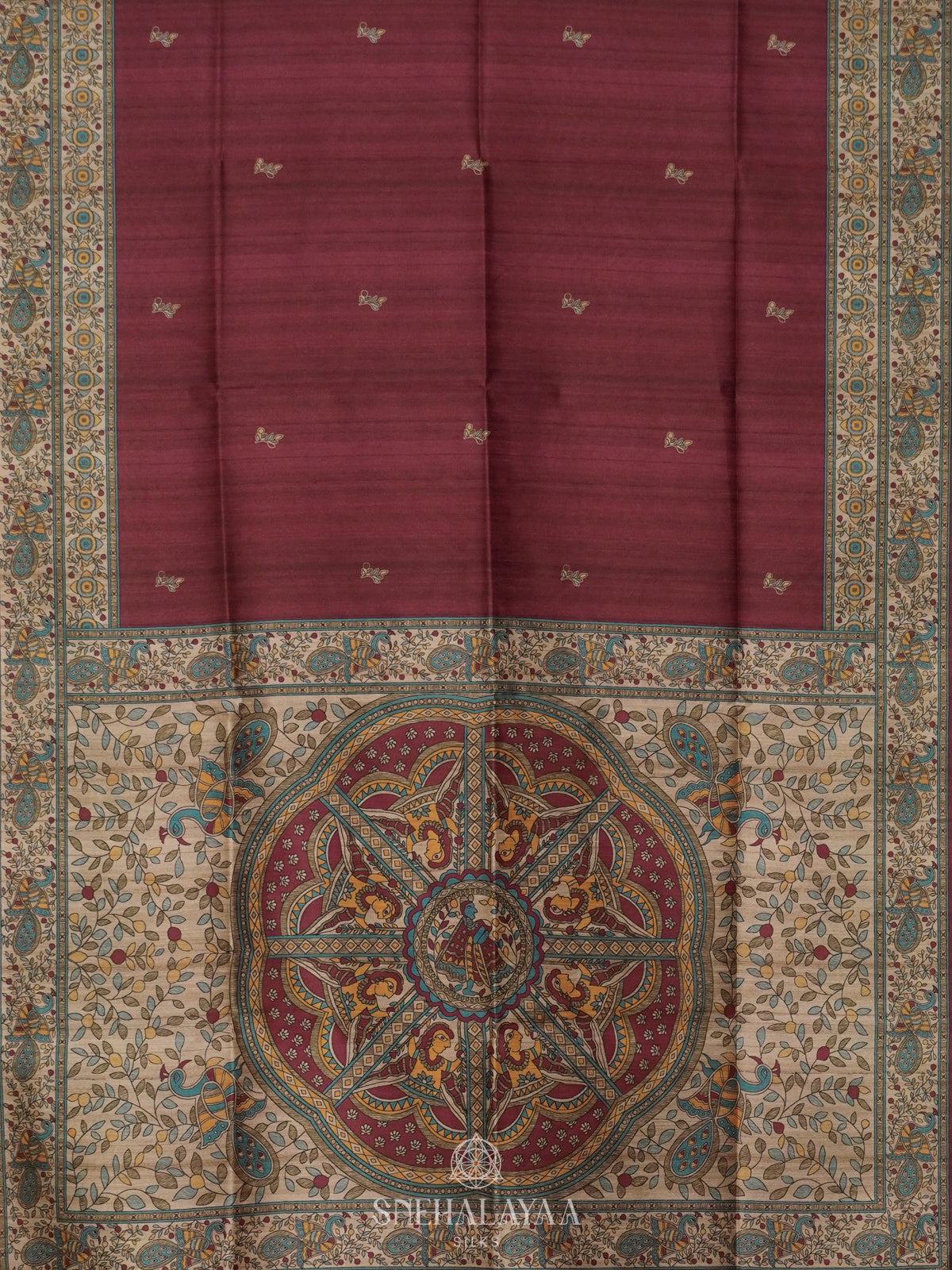 Wine Red Printed Madhubani Saree