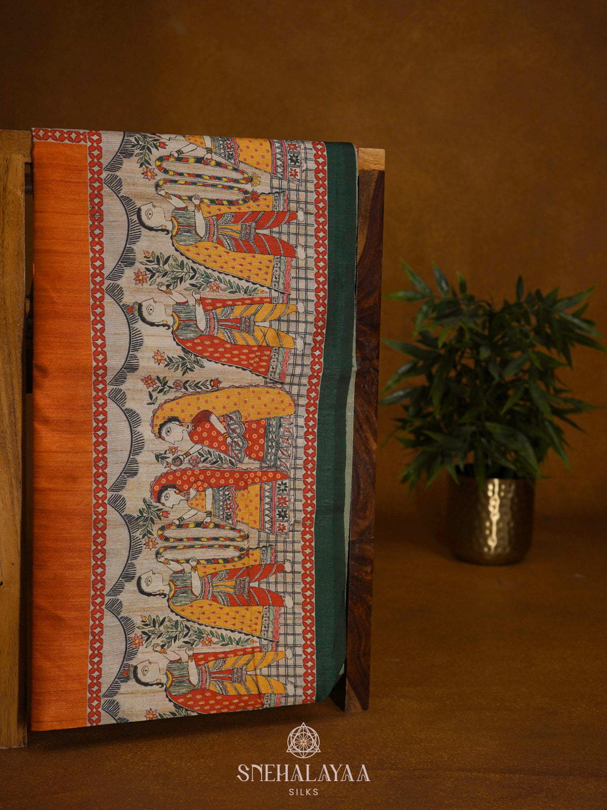 Orange Printed Madhubani Saree