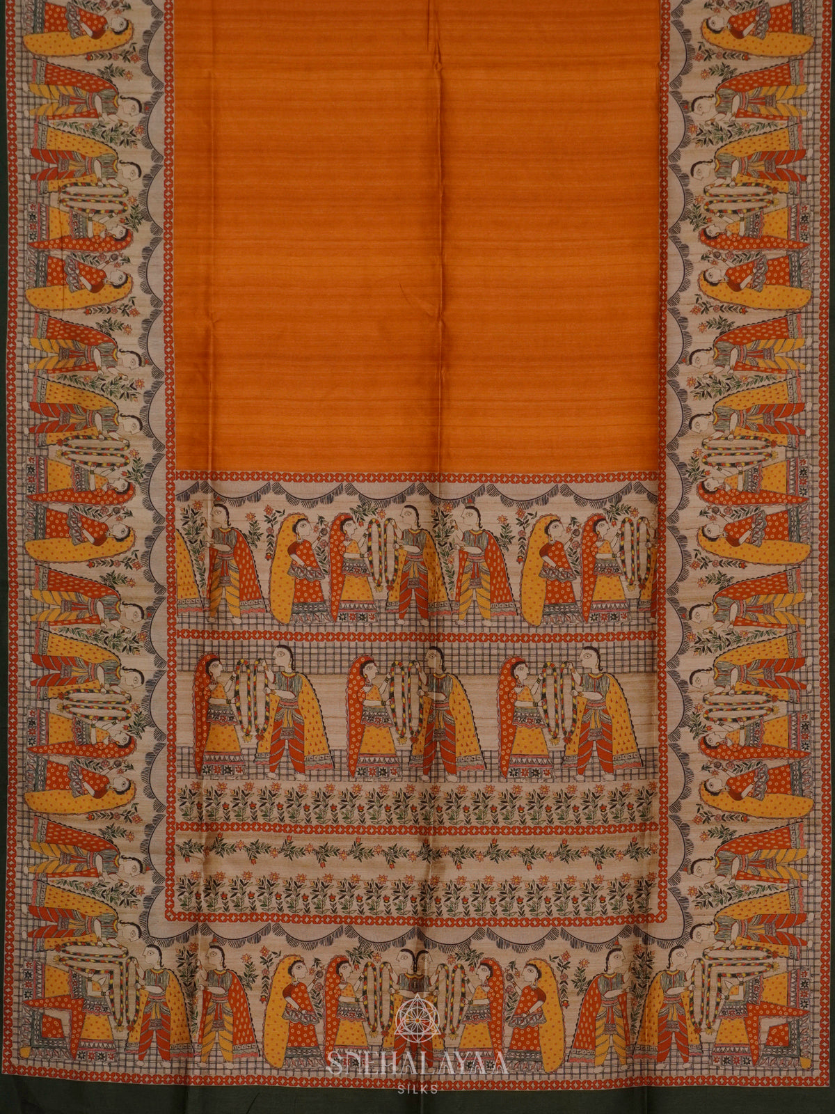 Orange Printed Madhubani Saree