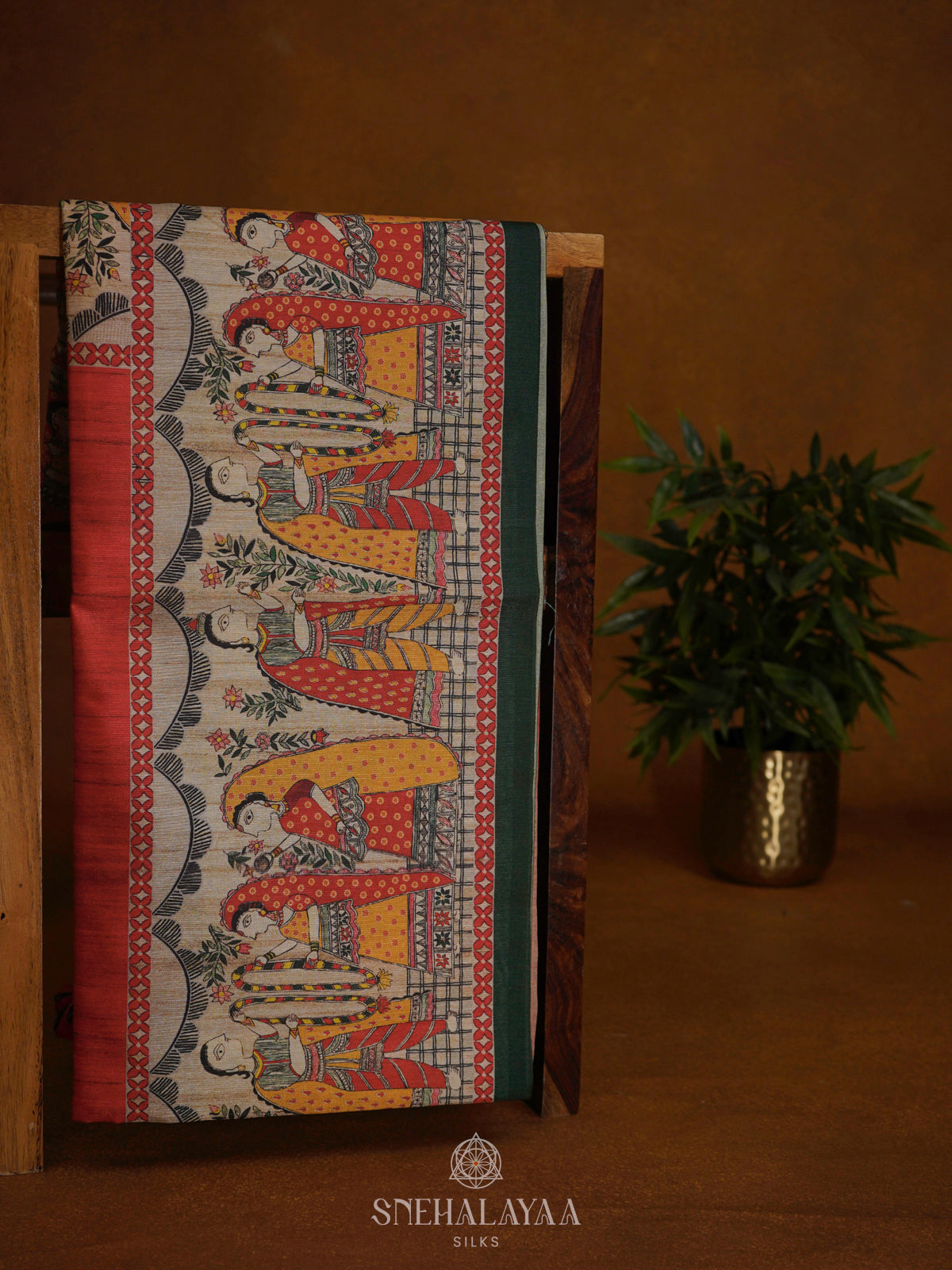 Red Printed Madhubani Saree