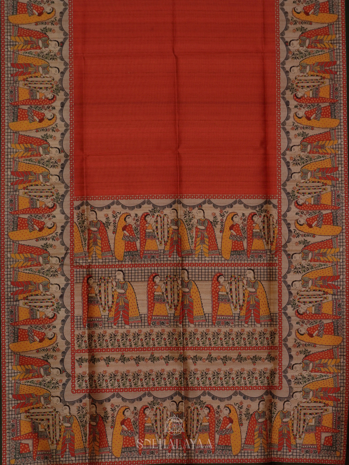 Red Printed Madhubani Saree