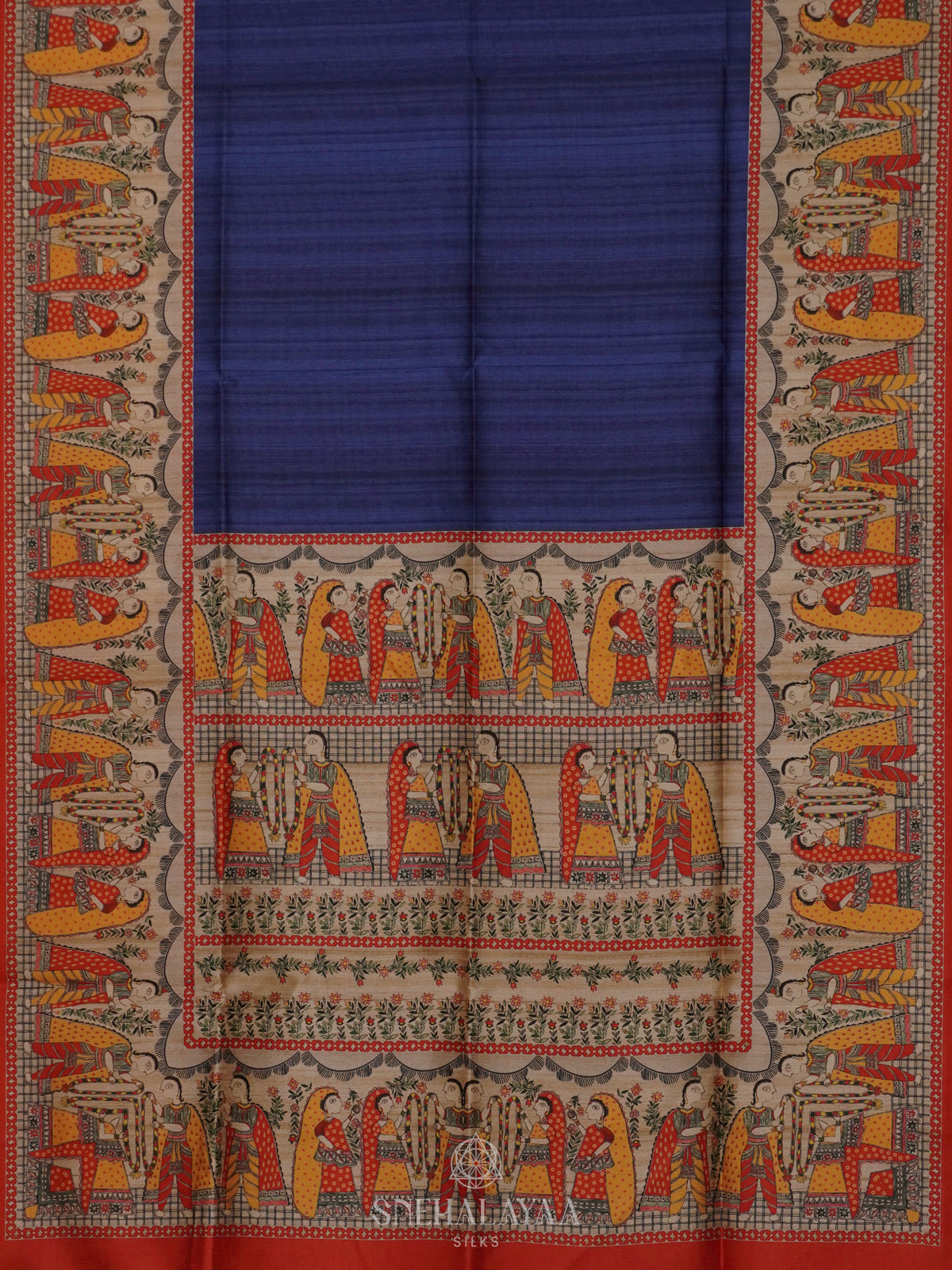 Navy Blue Printed Madhubani Saree