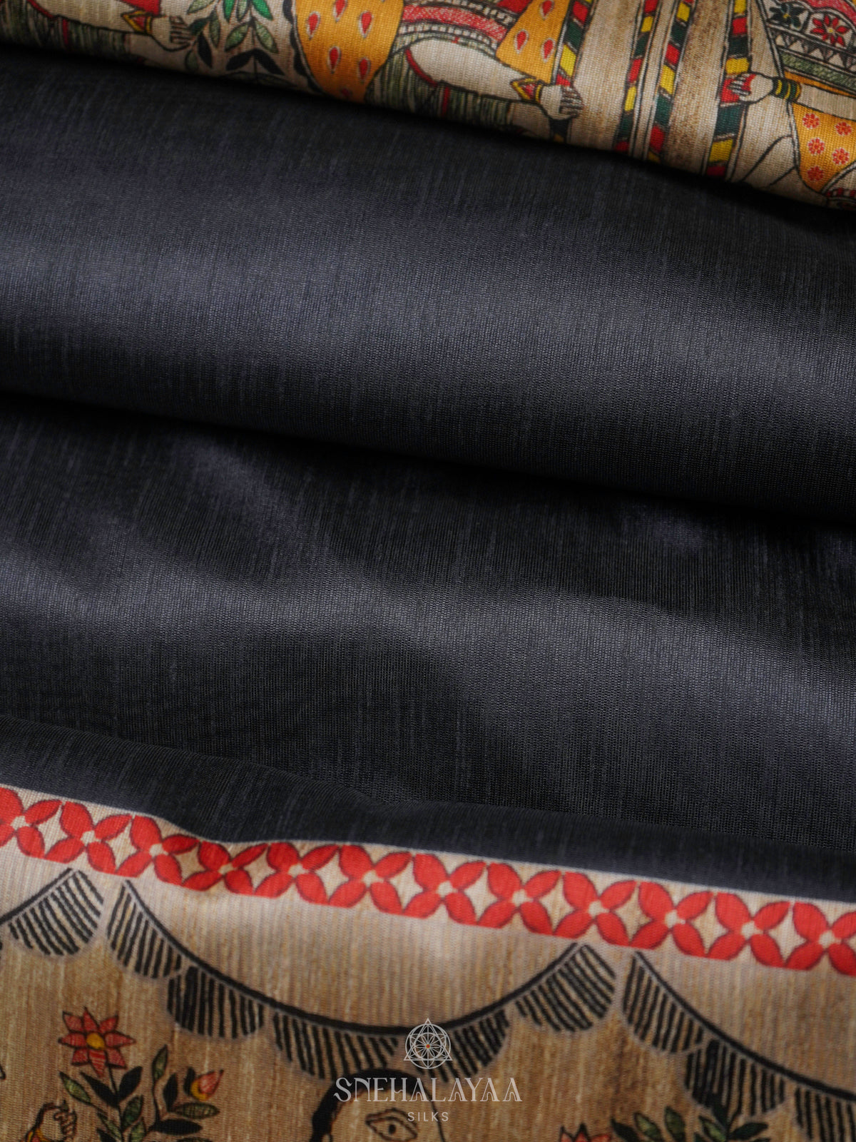 Black Printed Madhubani Saree
