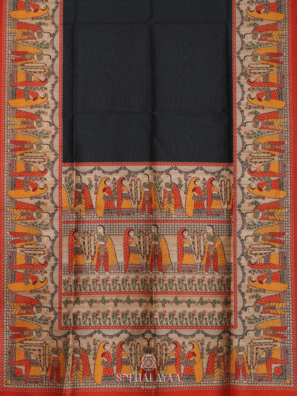 Black Printed Madhubani Saree