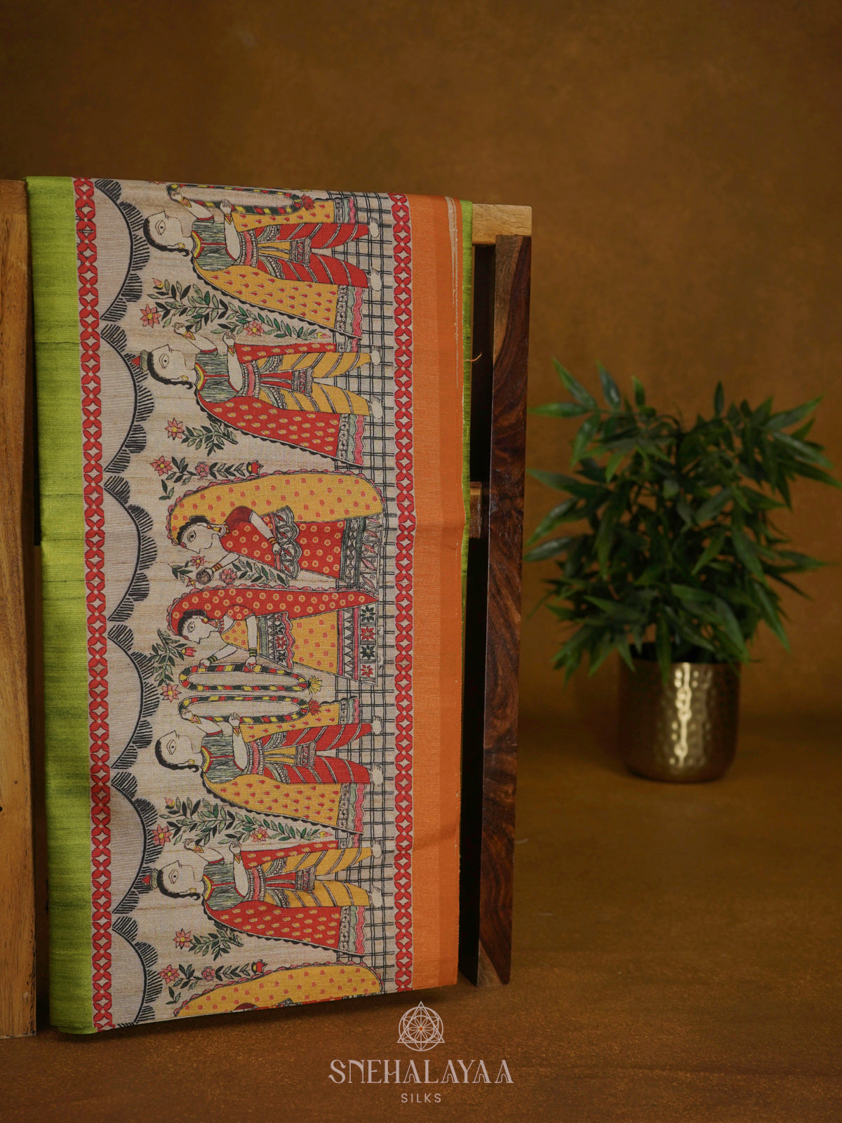 Lime Green Printed Madhubani Saree