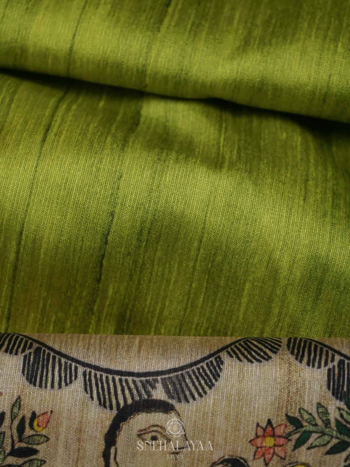 Lime Green Printed Madhubani Saree