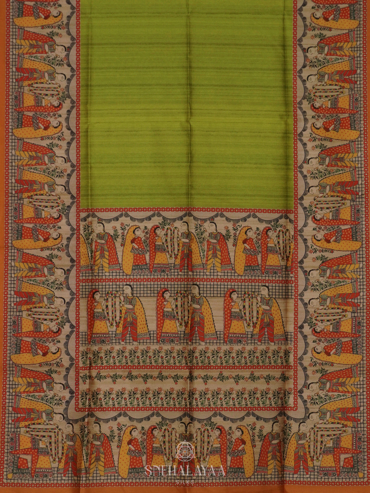 Lime Green Printed Madhubani Saree